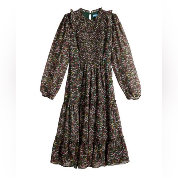 Draper James RSVP Green Floral Long Sleeve Maxi Dress with Ruffle Hem & Smocking - Picture 1 of 10